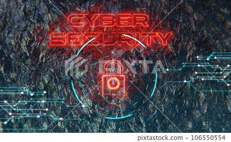 Cyber security concept, complex security lock and network protection, security neon light text and lock on rock stone textures 106550554