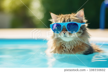 Funny fluffy cat in sunglasses is relaxing in the pool while on vacation in the tropics. Vacation and travel concept. cat in sunglasses 106550602