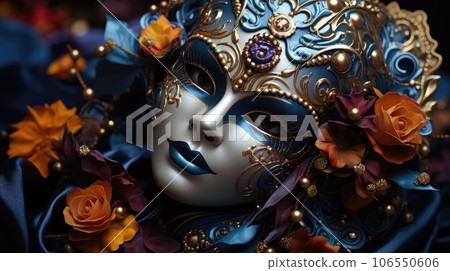 Venetian carnival mask and beaded jewelry on a woman, close-up. Von Mardi Gras. Venice Carnival Venetian carnival mask and beaded jewelry on a woman, close-up. Von Mardi Gras. Venice Carnival 106550606