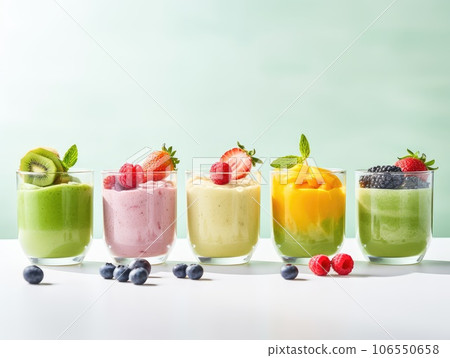 Fruit smoothies - smoothies with berries and fruits on a plain background, healthy drinks, healthy eating. organic fresh drinks. 106550658