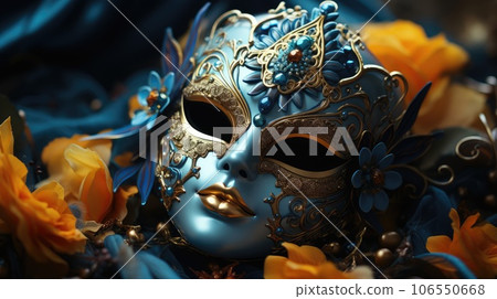 Venetian carnival mask and beaded jewelry on a woman, close-up. Von Mardi Gras. Venice Carnival 106550668