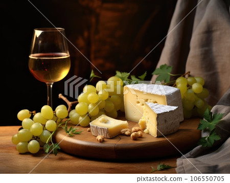 Cheese platter with organic cheeses, fruits, nuts and wine on a wooden background. Delicious cheese appetizer for wine. Wine tasting with cheese. Cheese platter with organic cheeses, fruits, nuts and wine on a wooden background. Delicious cheese appetizer for wine. Wine tasting with cheese. 106550705