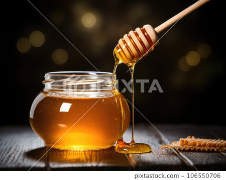 glass jar full of honey and dipper. natural, ecological, useful product. natural sweetness. 106550706