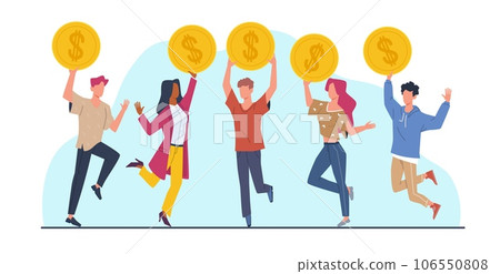 Happy young boys and girls jumping around with gold coins in their hands. Earning a salary or income. Men and women hold huge money. Cartoon flat style isolated illustration, vector concept 106550808