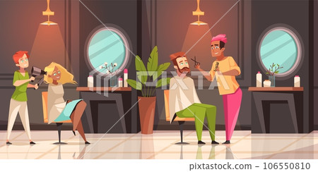 Happy people in barbershop. Cartoon visitors at hairdressers, cute man and woman sitting in beauty salon, professionals work. Barbers haircutting and making hairstyles tidy vector concept 106550810