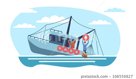 Fishing boat sinks in ocean, crew tries to escape. Catastrophe in sea, sinking water transport. Danger situation. Cartoon flat style isolated illustration. Vector damaged shallop concept Fishing boat sinks in ocean, crew tries to escape. Catastrophe in sea, sinking water transport. Danger situation. Cartoon flat style isolated illustration. Vector damaged shallop concept 106550827