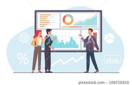 Financial advisor provides market and securities counseling to married couple. Charts and diagrams for presentations. Investment of money. Cartoon flat style isolated vector concept 106550828