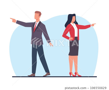 Different direction of business development for man and woman. Pointing finger gesture. Various strategies for finding solution, opposite mind. Cartoon flat style isolated vector concept 106550829