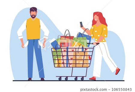 Concept of shopping addiction, female shopaholic buys lot of unnecessary things spending all money of man. Family financial problems. Shopaholic girl vector cartoon flat illustration Concept of shopping addiction, female shopaholic buys lot of unnecessary things spending all money of man. Family financial problems. Shopaholic girl vector cartoon flat illustration 106550843