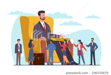 Big boss is sitting in chair with little people walking around downstairs. Subordinate and manager. Selfish man. Tiny employees. Cartoon flat isolated illustration. Vector arrogance concept 106550870