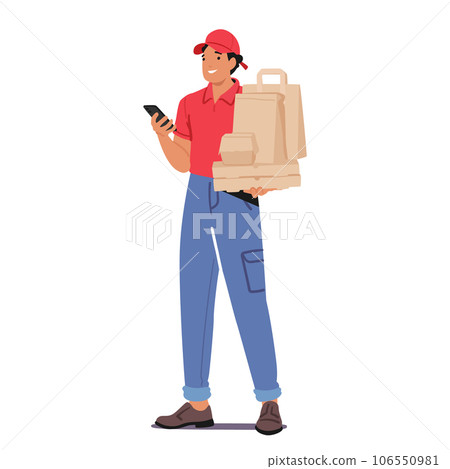 Courier Character Call From Mobile during Delivering Food Packages Ensuring Timely And Accurate Delivery, Vector 106550981
