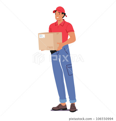 Courier Male Character Stands Poised, Holding A Parcel In Capable Hands. Ready To Deliver, The Determined Stance 106550994