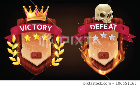 3D victory defeat game badge wooden shield award, vector medieval RPG UI success screen, sword.  106551165