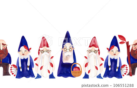 A family of gnomes. Seamless border for decorating walls in a children's room. Watercolor hand drawn illustration isolated on white background. A family of gnomes. Seamless border for decorating walls in a children's room. Watercolor hand drawn illustration isolated on white background. 106551288
