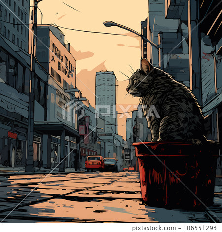 Sad stray cat sitting alone on a town street. Lonely lost pet waiting on a city road 106551293