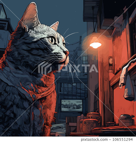 Close-up of a cat waiting in the yard at night. Sad pet alone outside an old shabby house 106551294