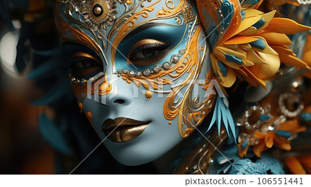 Venetian carnival mask and beaded jewelry on a woman, close-up. Von Mardi Gras. Venice Carnival 106551441