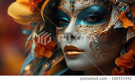 Venetian carnival mask and beaded jewelry on a woman, close-up. Von Mardi Gras. Venice Carnival Venetian carnival mask and beaded jewelry on a woman, close-up. Von Mardi Gras. Venice Carnival 106551442