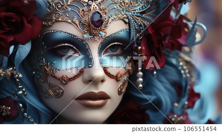 Venetian carnival mask and beaded jewelry on a woman, close-up. Von Mardi Gras. Venice Carnival Venetian carnival mask and beaded jewelry on a woman, close-up. Von Mardi Gras. Venice Carnival 106551454
