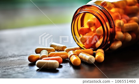 medical pills pouring out of a bottle. medical soft drugs. medicine, drugs for treatment. medical pills pouring out of a bottle. medical soft drugs. medicine, drugs for treatment. 106551460
