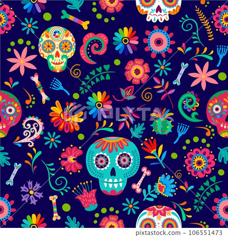 Dia de los muertos day of the dead seamless pattern with tropical flowers, calavera sugar skulls and bones. Vector repeated ornament in traditional alebrije style with calaca heads and floral elements 106551473