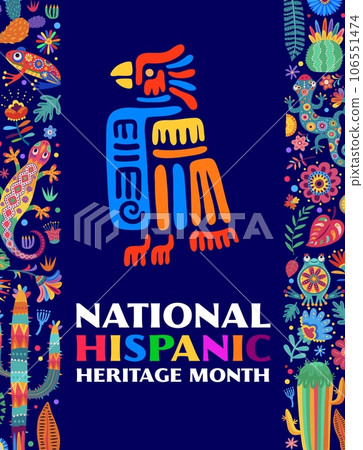 National Hispanic Heritage Month festival flyer or poster with Mayan, Aztec totem. Mexican or Spanish festival banner, Latin America culture celebration vector invitation card with lizard, flowers 106551474