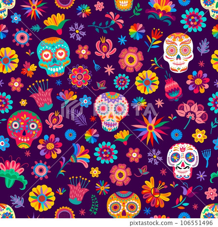 Dia de los muertos mexican seamless pattern with sugar calavera skulls and tropical flowers. Vector repeated ornament in traditional alebrije style with decorated dead calaca heads and floral elements Dia de los muertos mexican seamless pattern with sugar calavera skulls and tropical flowers. Vector repeated ornament in traditional alebrije style with decorated dead calaca heads and floral elements 106551496