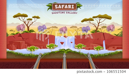 African safari hunting carnival shoot game, shooting range. Cartoon vector amusement park booth with elephant, hippo and alligator aims. Hunt entertainment stall with targets, and rifle guns in row 106551504