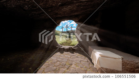 Jesus Christ resurrection and three crosses on the hill from inside the grave Jesus Christ resurrection and three crosses on the hill from inside the grave 106551506