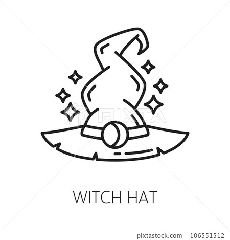 Witch hat. Witchcraft and magic icon. Esoteric, astrology, mystery. Wizard, witch or sorcerer hat outline pictogram or symbol, witchcraft or sorcery linear vector sign or icon 106551512