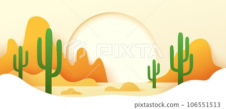 Mexican desert paper cut landscape with mountains, sand and cactuses. Vector vibrant 3d papercut art with rocks, sandy dunes, and iconic cacti, capturing the nature beauty of western arid environment 106551513