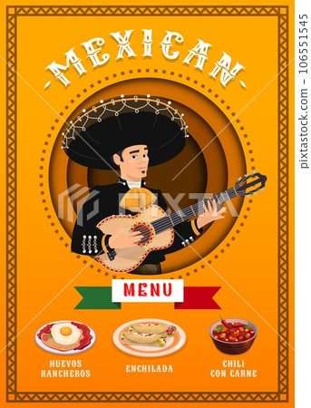 Mexican cuisine menu page with mariachi musician and food. Showcasing mouthwatering array of traditional dishes such as huevos rancheros, enchilada and chili con carne, bursting with authentic flavors Mexican cuisine menu page with mariachi musician and food. Showcasing mouthwatering array of traditional dishes such as huevos rancheros, enchilada and chili con carne, bursting with authentic flavors 106551545