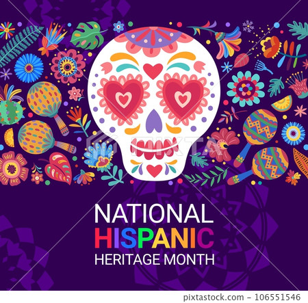 Calavera sugar skull and tropical flowers. National hispanic heritage month festival banner. Vector background with ornate dead calaca head, celebrating rich cultur of the hispanic community promo 106551546