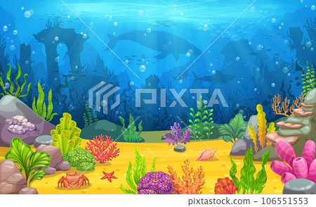 Underwater landscape with sea animal silhouettes, sunken ancient town and bright seaweeds on bottom. Underwater aquatic life vector wallpaper with whale, shark, fish shoal silhouette and seaweed Underwater landscape with sea animal silhouettes, sunken ancient town and bright seaweeds on bottom. Underwater aquatic life vector wallpaper with whale, shark, fish shoal silhouette and seaweed 106551553
