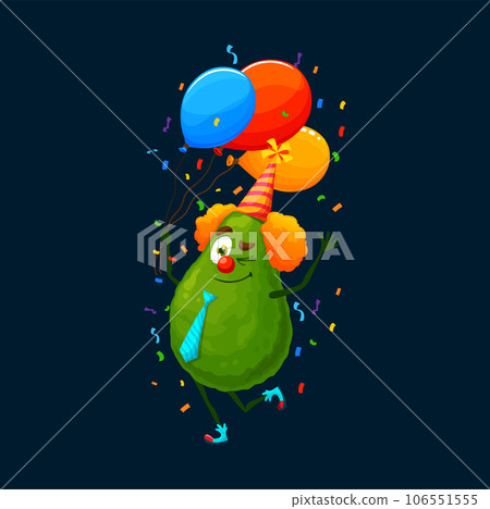 Cartoon avocado character on holiday party full of cheer. Vector clown healthy food personage wearing festive hat playing and dance with colorful balloons and confetti, celebrate birthday anniversary 106551555