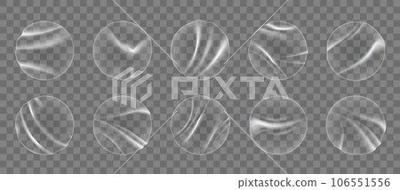 Adhesive transparent round plastic stickers, circle overlay patch. Isolated 3d vector circular badges mock up set. Crumpled sticky labels or price tags with glued effect and warp glossy texture 106551556