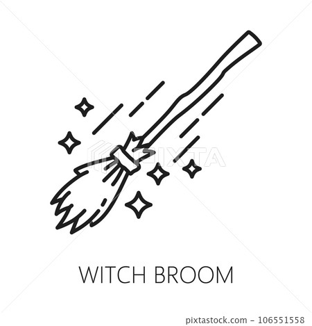 Witch broom. Witchcraft and magic icon. Esoteric, astrology, mystery. Witchcraft and sorcery item thin line symbol, black magic linear vector symbol, esoteric icon with flying broom 106551558