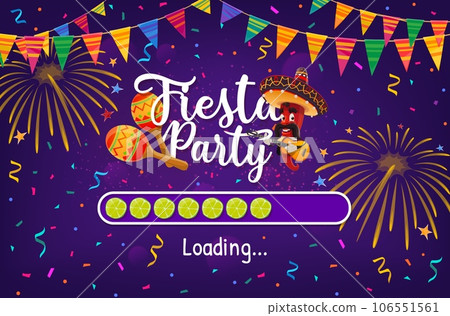 Mexican fiesta holiday loading bar. Vector celebratory scale showcasing mariachi red chili pepper wear sombrero hat, with maracas, fireworks and flag garlands representing rich cultural traditions 106551561