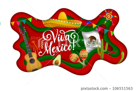 Viva mexico paper cut banner with national mexican flag, sombrero and musical instruments. Vector wavy 3d layered frame with traditional latin america symbols, avocado, guitar, maracas, cactus, pinata 106551563