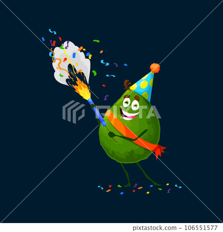 Cartoon avocado character on holiday party. Cheerful healthy food personage shoot petard on celebratory gathering. Funny fruit in festive cap having good time with party decorations and confetti Cartoon avocado character on holiday party. Cheerful healthy food personage shoot petard on celebratory gathering. Funny fruit in festive cap having good time with party decorations and confetti 106551577