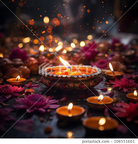 Diwali festival Diya Lamp with rangoli. . High quality photo Diwali festival Diya Lamp with rangoli. . High quality photo 106551601