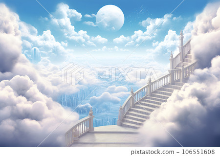 Stairway to Heaven. Stairs in sky. Concept with sun and clouds