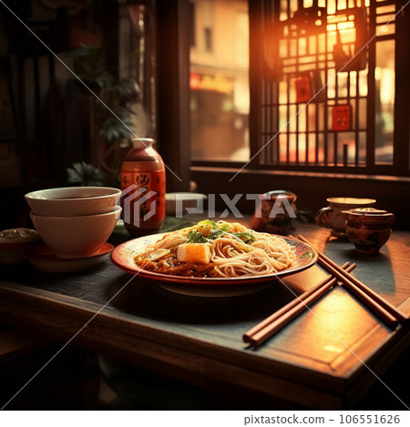 Chinese noodles in a restaurant, an Asian dish in the background of a café. High quality photo 106551626