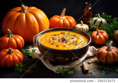 Traditional pumpkin soup with cream in bowl and ingredients on dark background 106551673