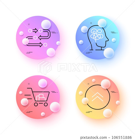 Methodology, Stress and Shopping cart minimal line icons. 3d spheres or balls buttons. Swipe up icons. For web, application, printing. Development process, Mind anxiety, Online buying. Vector Methodology, Stress and Shopping cart minimal line icons. 3d spheres or balls buttons. Swipe up icons. For web, application, printing. Development process, Mind anxiety, Online buying. Vector 106551886