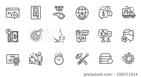 Outline set of Puzzle, Reject certificate and Tutorials line icons for web application. Talk, information, delivery truck outline icon. Include Parking payment, Seo timer, Strategy icons. Vector Outline set of Puzzle, Reject certificate and Tutorials line icons for web application. Talk, information, delivery truck outline icon. Include Parking payment, Seo timer, Strategy icons. Vector 106551914