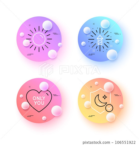 Fireworks explosion, Guard and Only you minimal line icons. 3d spheres or balls buttons. Sun icons. For web, application, printing. Pyrotechnic salute, Secure sleep, Love heart. Summer. Vector Fireworks explosion, Guard and Only you minimal line icons. 3d spheres or balls buttons. Sun icons. For web, application, printing. Pyrotechnic salute, Secure sleep, Love heart. Summer. Vector 106551922