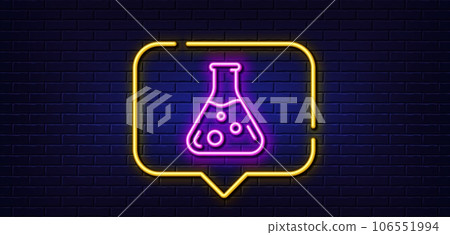 Neon light speech bubble. Chemistry lab line icon. Laboratory flask sign. Analysis symbol. Neon light background. Chemistry lab glow line. Brick wall banner. Vector 106551994