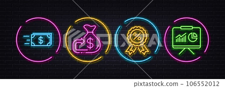 Cashback, Money transfer and Discount medal minimal line icons. Neon laser 3d lights. Presentation icons. For web, application, printing. Money budget, Cash delivery, Sale award. Vector 106552012