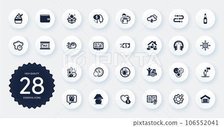 Set of Business icons, such as Money transfer, Donation and Bed bugs flat icons. Analytics graph, Speedometer, Parking garage web elements. Seo gear, Wish list, Budget profit signs. Vector 106552041